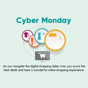 Cyber Monday graphic with shopping icons and a laptop