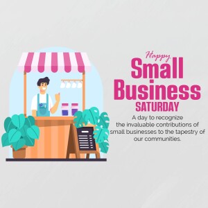 Illustration of a small business owner at a market stall with the text 'Happy Small Business Saturday'