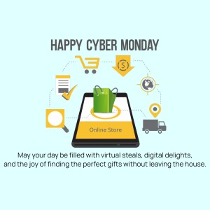 Cyber Monday graphic with shopping icons and a tablet displaying an online store.