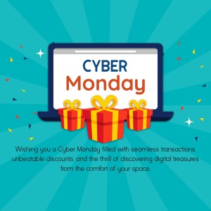 Laptop with Cyber Monday sale promotion, gifts, and confetti.