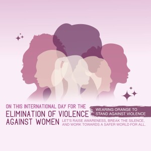 Silhouettes of women's faces with text promoting awareness against violence.