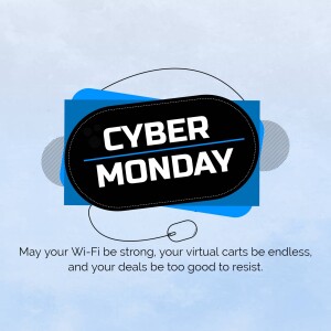 Cyber Monday sale graphic with text and abstract shapes