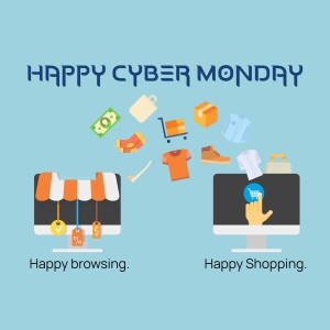 Illustration of online shopping with items like shopping bags, money, and electronic devices.