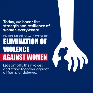 Image commemorating the International Day for the Elimination of Violence Against Women, featuring a hand protecting a silhouette of a woman.