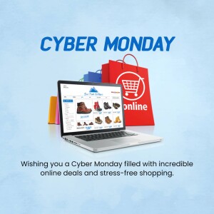 Cyber Monday promotion with laptop, shopping bags, and online deals.