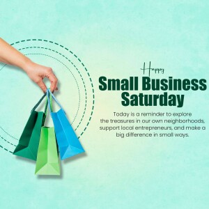 Hand holding shopping bags with text 'Happy Small Business Saturday'