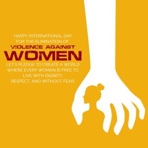Image depicting a protective hand shielding a silhouette of a woman's head and shoulders, with text promoting the elimination of violence against women.