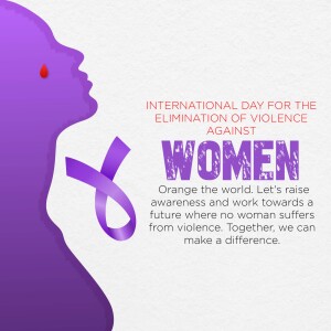 Silhouette of a woman's face with a ribbon and text promoting the elimination of violence against women.
