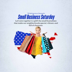 Woman holding shopping bags in front of a US map for Small Business Saturday