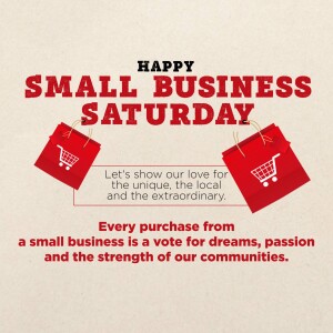 Graphic celebrating Small Business Saturday with shopping bags and text.