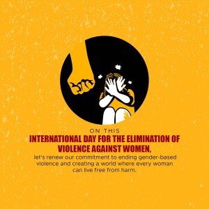 Illustration depicting a woman shielding herself from a looming hand, symbolizing violence against women. Text reads 'International Day for the Elimination of Violence Against Women'.