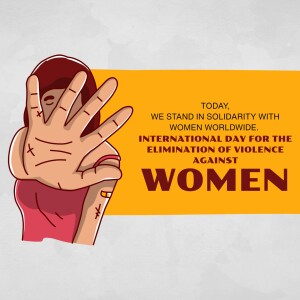 Illustration of a hand with a peace sign and text supporting women worldwide.