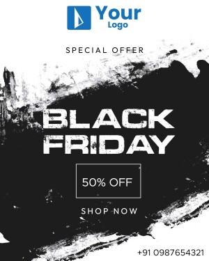 Black Friday sale advertisement with a brush stroke background and 50% off offer.