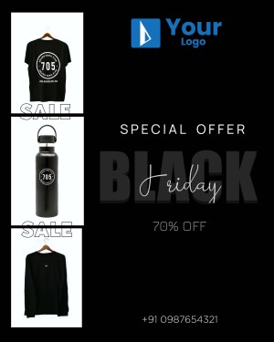 Black Friday promotional poster featuring a t-shirt, water bottle, and hoodie with a 705 logo.