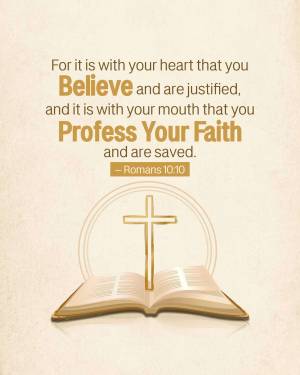 Image with a Bible, cross, and inspirational quote from Romans 10:10