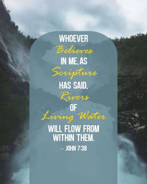 Inspirational quote about living water flowing from within, with a waterfall background.