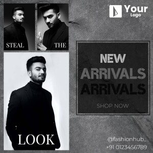 Collage of a man in black clothing promoting new arrivals