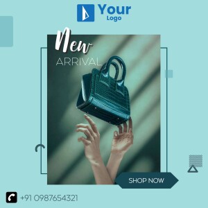 Image of a teal handbag floating above a hand, promoting a new arrival with a 'Shop Now' call to action.