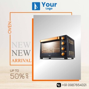 Image of a black and orange Midea oven with a promotional offer.