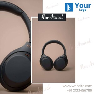 Black Sony over-ear headphones on a beige background with 'New Arrival' text.
