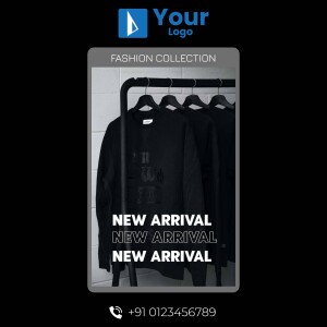Clothing rack with black sweatshirt and 'New Arrival' text