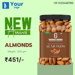 Image of Granic Farms Almonds in a glass jar with 'New Arrival' text.