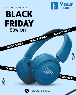 Black Friday sale advertisement featuring blue headphones with a 50% discount.
