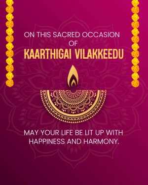 Kaarthigai Vilakkeedu festival greeting with a lit lamp and floral decorations.
