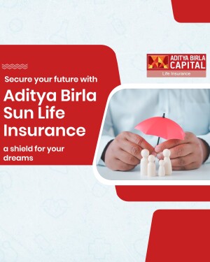 Aditya Birla Sun Life Insurance advertisement featuring a hand holding a miniature family under an umbrella.