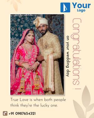 Indian couple in traditional wedding attire with a congratulations message.
