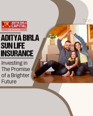 Family celebrating in a new home with Aditya Birla Sun Life Insurance branding