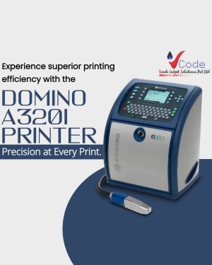 Domino A320i printer on a purple surface with text highlighting its printing efficiency.