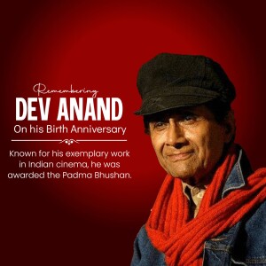 Portrait of Dev Anand with text commemorating his birth anniversary