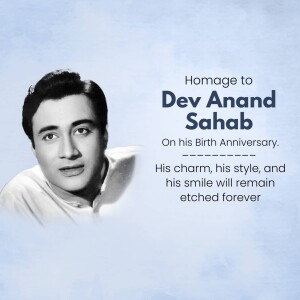Black and white portrait of Dev Anand with text commemorating his birth anniversary.
