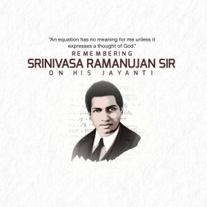 Portrait of Srinivasa Ramanujan with a quote and mathematical equations in the background.
