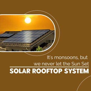 Solar panels on a rooftop with a sunset background and text promoting solar energy.