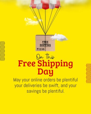 Image promoting free shipping day with a hot air balloon carrying a package.