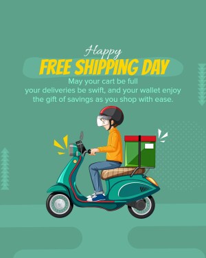 Illustration of a delivery driver on a scooter with a gift box, promoting free shipping.