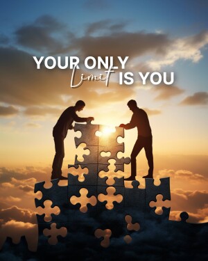 Two men connecting puzzle pieces towards a bright sunrise.