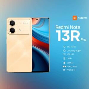 Gold Xiaomi Redmi Note 13R Pro smartphone with specifications