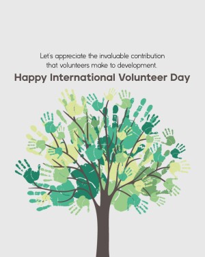 Image depicting a tree made of green handprints with the text 'Happy International Volunteer Day'