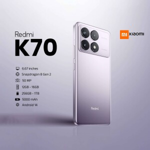 Redmi K70 smartphone with a purple back and quad camera setup
