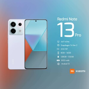 Redmi Note 13 Pro smartphone in white color with specifications