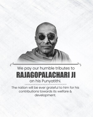 Black and white portrait of Rajagopalachari with tribute text