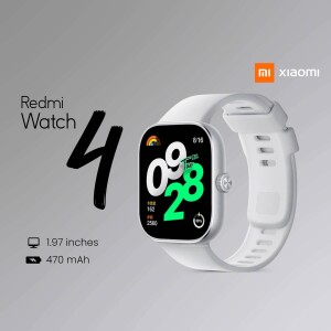 Close-up of the white Xiaomi Redmi Watch 4 displaying the time and health metrics.