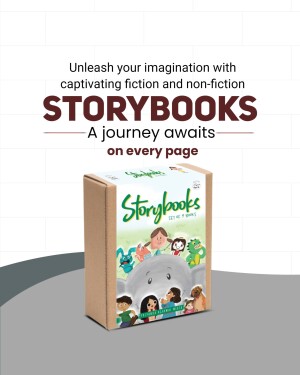 Image of a Storybooks subscription box with colorful illustrations and text promoting reading.