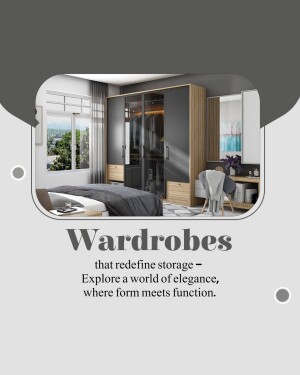 Stylish modern bedroom with a large dark wardrobe and minimalist decor.