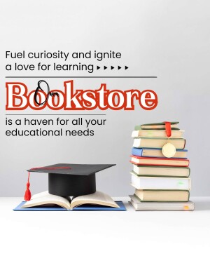 Image of a bookstore advertisement with books, a graduation cap, and text promoting learning.