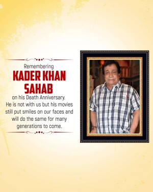 Portrait of Kader Khan in a frame with a remembrance message