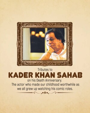 Portrait of Kader Khan in a decorative frame with text commemorating his death anniversary.